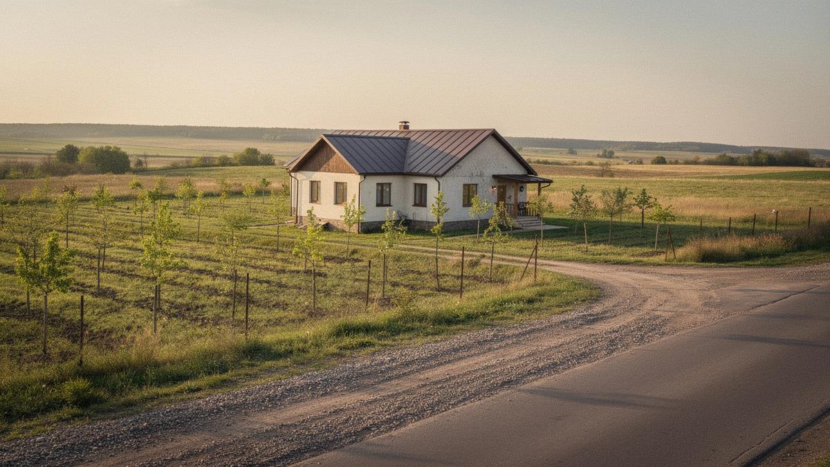Single storey country house with a young orchard and open field behind it